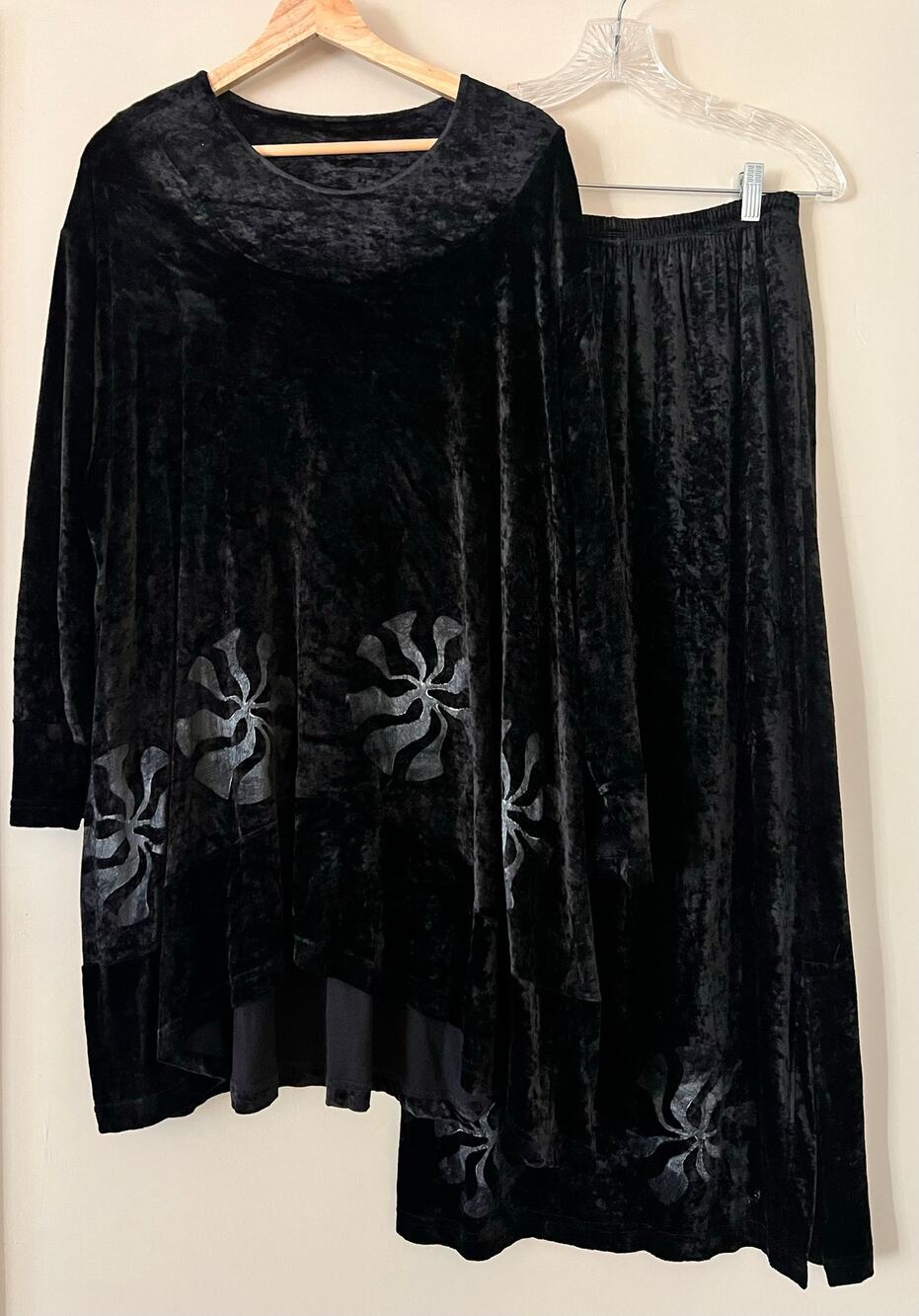 Vtg 90s Blue Fish Set Crushed Velvet Black Printed Top Dress Skirt One Size / 1